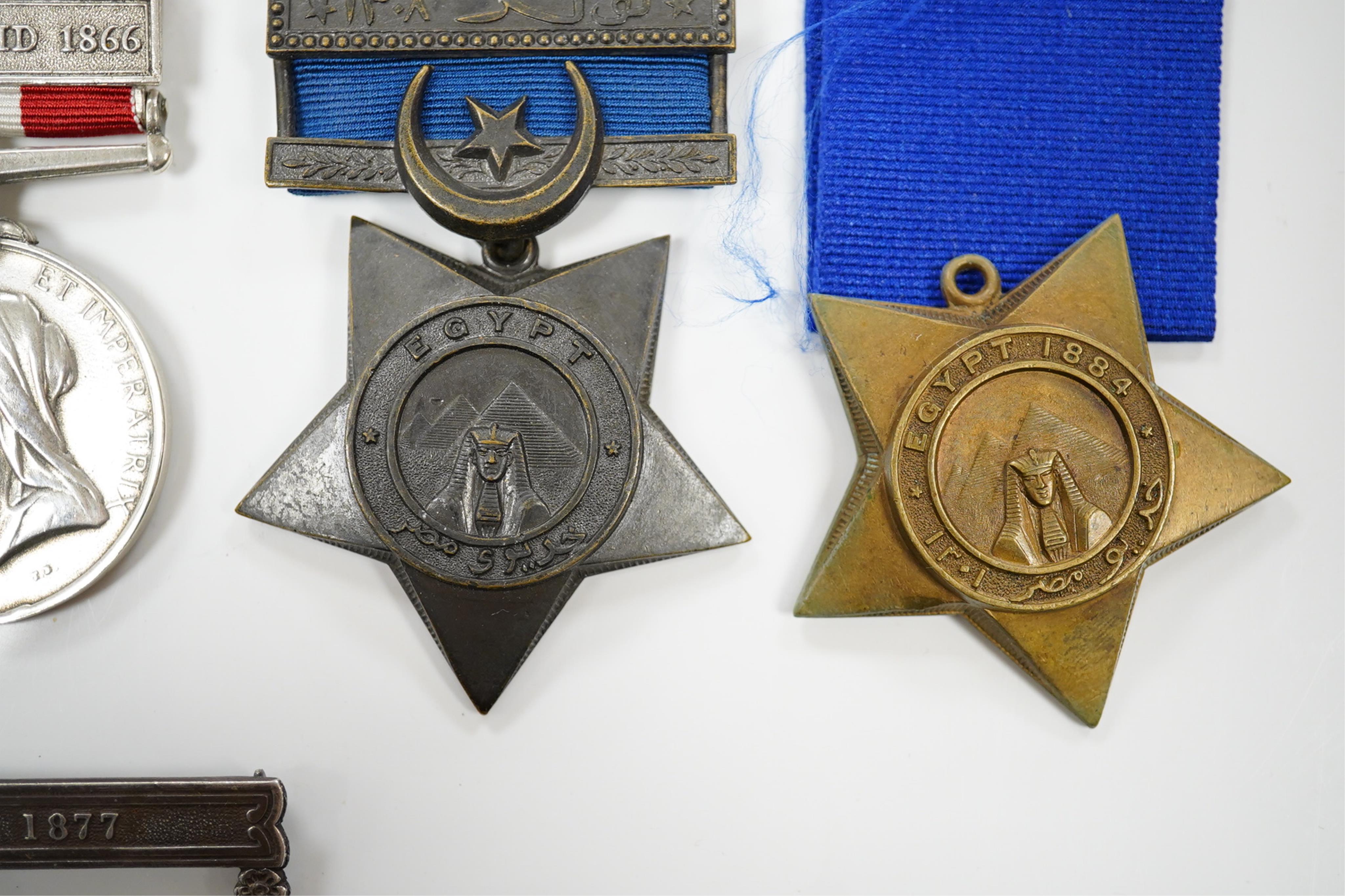 Five replica medals; Khedive's Star 1882, another undated with clasp and a third, 1884 lacking bar, Canada General Service with Fentan Raid 1866 clasp and South Africa medal with 1877-8-9 clasp and a spare 1877 clasp.